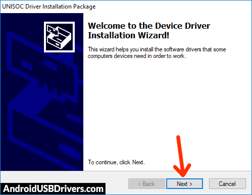 UNISOC Driver Installation Package Wizard window Next - Hiking A20 USB Drivers