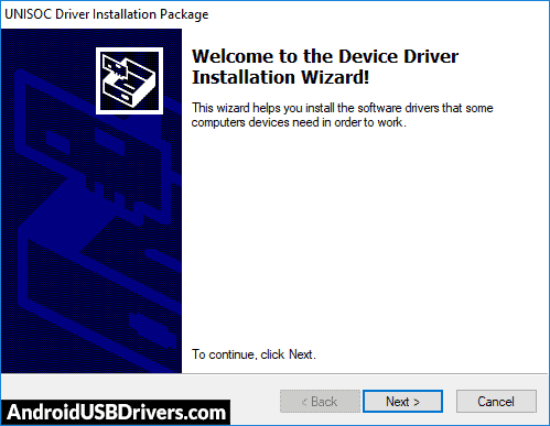 UNISOC Driver Installation Package Wizard window - Accent Fast 7 USB Drivers